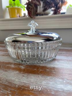 Vintage Round Pressed Clear Glass Dish Chrome and Clear Accent Lid Relish Dish Powder Box Upcycled Jewelry Storage Canister Versatile Retro