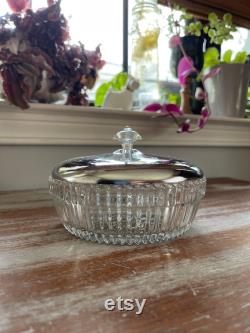 Vintage Round Pressed Clear Glass Dish Chrome and Clear Accent Lid Relish Dish Powder Box Upcycled Jewelry Storage Canister Versatile Retro