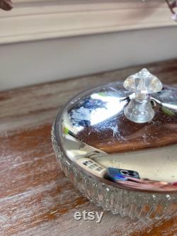 Vintage Round Pressed Clear Glass Dish Chrome and Clear Accent Lid Relish Dish Powder Box Upcycled Jewelry Storage Canister Versatile Retro