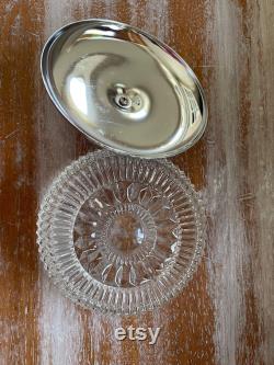 Vintage Round Pressed Clear Glass Dish Chrome and Clear Accent Lid Relish Dish Powder Box Upcycled Jewelry Storage Canister Versatile Retro