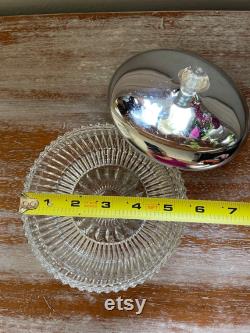 Vintage Round Pressed Clear Glass Dish Chrome and Clear Accent Lid Relish Dish Powder Box Upcycled Jewelry Storage Canister Versatile Retro