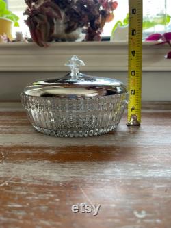 Vintage Round Pressed Clear Glass Dish Chrome and Clear Accent Lid Relish Dish Powder Box Upcycled Jewelry Storage Canister Versatile Retro