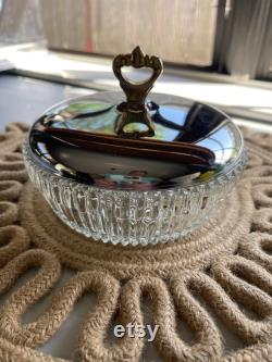 Vintage Round Pressed Clear Glass Dish Chrome and Gold Accent Lid Powder Box Upcycled Jewelry Trinket Tray Storage Canister Versatile Retro