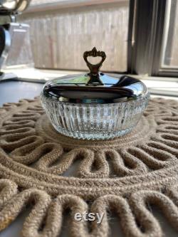 Vintage Round Pressed Clear Glass Dish Chrome and Gold Accent Lid Powder Box Upcycled Jewelry Trinket Tray Storage Canister Versatile Retro