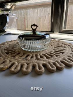 Vintage Round Pressed Clear Glass Dish Chrome and Gold Accent Lid Powder Box Upcycled Jewelry Trinket Tray Storage Canister Versatile Retro