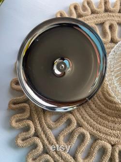 Vintage Round Pressed Clear Glass Dish Chrome and Gold Accent Lid Powder Box Upcycled Jewelry Trinket Tray Storage Canister Versatile Retro