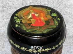 Vintage Russian Lacquer Enamel Round Trinket Box Hand Painted 5.5 Vintage