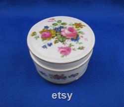 Vintage Sadler Powder Box Cabbage Rose Floral Spray Round Trinket Jewelry Box with Lid and Gold Gilt Accenting Made in England James Sadler