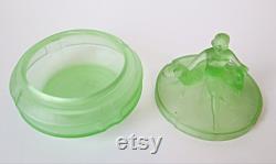 Vintage Satin Green Lady With Dogs Powder Jar Satin Green L E Smith Art Deco Dresser Jar Vanitiy Trinket Jar