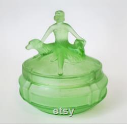 Vintage Satin Green Lady With Dogs Powder Jar Satin Green L E Smith Art Deco Dresser Jar Vanitiy Trinket Jar