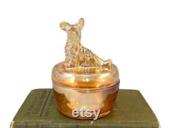 Vintage Scottie Dog Powder Jar, Vanity, Dresser Trinket Jewelry Dish, Marigold Depression Glass, Jeannette, Scottish Terrier Gift