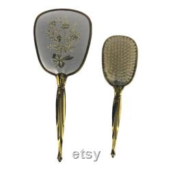 Vintage Set 2 Hand Held Gold Silver Embossed Floral Vanity Mirror and Brush