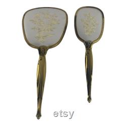 Vintage Set 2 Hand Held Gold Silver Embossed Floral Vanity Mirror and Brush