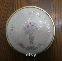 Vintage Shabby Chic or Victorian Style Trinket or Powder Box Clear Glass Bottom With Metal Lid and Pink Flower Design