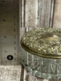Vintage Silver-Plate Crystal Glass Powder Jar With Lid Mirror Made In Hong Kong