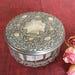 Vintage Silver Plate Dresser Jar, Hair Saver, Powder. Clear Glass with Curved Ridged Designs Around Edge. Silver Plate Lid, Mirror Inside.