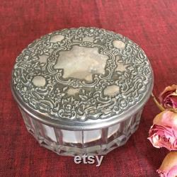 Vintage Silver Plate Dresser Jar, Hair Saver, Powder. Clear Glass with Curved Ridged Designs Around Edge. Silver Plate Lid, Mirror Inside.