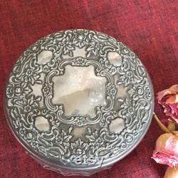 Vintage Silver Plate Dresser Jar, Hair Saver, Powder. Clear Glass with Curved Ridged Designs Around Edge. Silver Plate Lid, Mirror Inside.