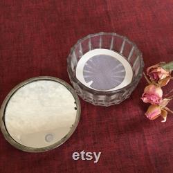 Vintage Silver Plate Dresser Jar, Hair Saver, Powder. Clear Glass with Curved Ridged Designs Around Edge. Silver Plate Lid, Mirror Inside.