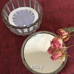 Vintage Silver Plate Dresser Jar, Hair Saver, Powder. Clear Glass with Curved Ridged Designs Around Edge. Silver Plate Lid, Mirror Inside.