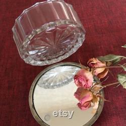 Vintage Silver Plate Dresser Jar, Hair Saver, Powder. Clear Glass with Curved Ridged Designs Around Edge. Silver Plate Lid, Mirror Inside.