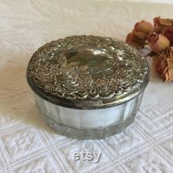 Vintage Silver Plate Dresser Jar, Hair Saver, Powder. Clear Glass with Curved Ridged Designs Around Edge. Silver Plate Lid, Mirror Inside.