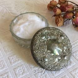 Vintage Silver Plate Dresser Jar, Hair Saver, Powder. Clear Glass with Curved Ridged Designs Around Edge. Silver Plate Lid, Mirror Inside.