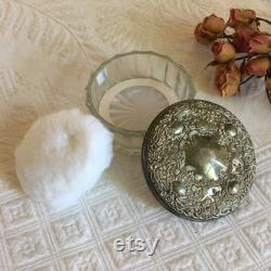 Vintage Silver Plate Dresser Jar, Hair Saver, Powder. Clear Glass with Curved Ridged Designs Around Edge. Silver Plate Lid, Mirror Inside.