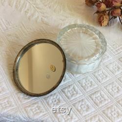 Vintage Silver Plate Dresser Jar, Hair Saver, Powder. Clear Glass with Curved Ridged Designs Around Edge. Silver Plate Lid, Mirror Inside.