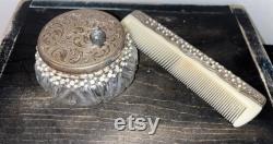 Vintage Silver-Plated Ornate Vanity powder container dresser decor or bathroom container and Comb Art Nouveau Unknown maker