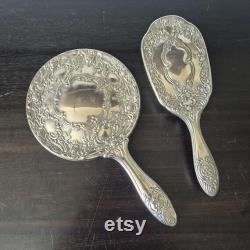 Vintage Silver Vanity 2 Piece Set Hand Mirror and Brush