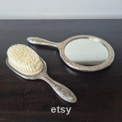 Vintage Silver Vanity 2 Piece Set Hand Mirror and Brush