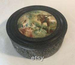 Vintage Silverplate Round Powder Jar withRenaissance Serenade Scene Lid ( AS IS )