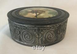 Vintage Silverplate Round Powder Jar withRenaissance Serenade Scene Lid ( AS IS )