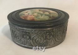 Vintage Silverplate Round Powder Jar withRenaissance Serenade Scene Lid ( AS IS )