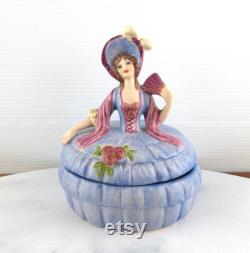 Vintage Sitzendorf German Porcelain Crinoline Lady Powder Box in Purple, Dressing Table Trinket Powder Pot Box, 1920's 1930's Germany