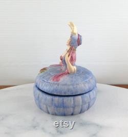 Vintage Sitzendorf German Porcelain Crinoline Lady Powder Box in Purple, Dressing Table Trinket Powder Pot Box, 1920's 1930's Germany