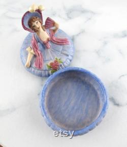 Vintage Sitzendorf German Porcelain Crinoline Lady Powder Box in Purple, Dressing Table Trinket Powder Pot Box, 1920's 1930's Germany