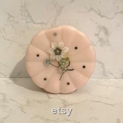 Vintage Soft Pink Lucite Vanity Box Floral Accent Hinged Box Chanel Powder Puff