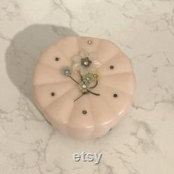 Vintage Soft Pink Lucite Vanity Box Floral Accent Hinged Box Chanel Powder Puff