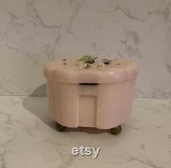 Vintage Soft Pink Lucite Vanity Box Floral Accent Hinged Box Chanel Powder Puff