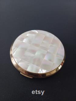 Vintage Stratton powder box makeup with mother of pearl lid and Elizabeth Arden puff