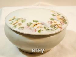 Vintage TK Czechoslovakia Beige Floral Lidded Powder Jar with Powder and Puff 1930s