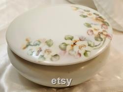 Vintage TK Czechoslovakia Beige Floral Lidded Powder Jar with Powder and Puff 1930s