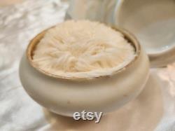 Vintage TK Czechoslovakia Beige Floral Lidded Powder Jar with Powder and Puff 1930s