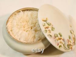 Vintage TK Czechoslovakia Beige Floral Lidded Powder Jar with Powder and Puff 1930s