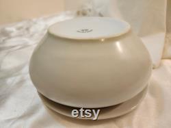 Vintage TK Czechoslovakia Beige Floral Lidded Powder Jar with Powder and Puff 1930s