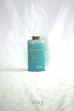 Vintage Tin Revlon Aquamarine Talc Powder 4.25 Aqua, with Brass Push Opening, 1950s
