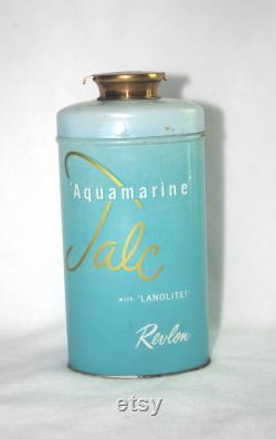 Vintage Tin Revlon Aquamarine Talc Powder 4.25 Aqua, with Brass Push Opening, 1950s