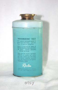 Vintage Tin Revlon Aquamarine Talc Powder 4.25 Aqua, with Brass Push Opening, 1950s